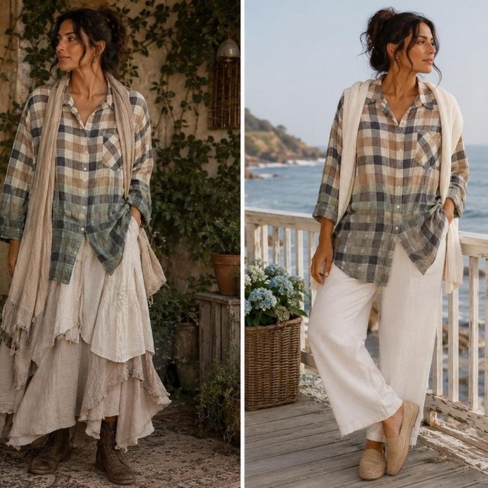 Easel Plaid Button Front Shirt Sz M Ombre Oversized Gauze Top Lagenlook Cottage